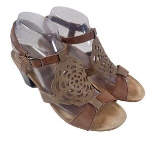 Mephisto Women's Two Tone Brown Leather Stappy Sandals with Floral Embellish